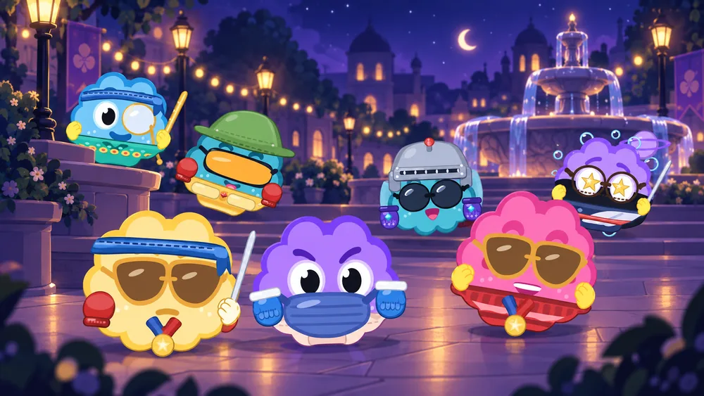Dopami avatars gathered in the plaza, wearing unlocked cosmetics