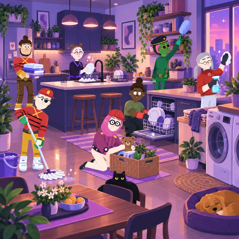 Dopami avatars cleaning a kitchen at the same time